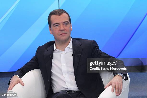 Russian President Dmitry Medvedev attends a meeting with Russian Prime Minister Vladimir Putin on December 1, 2011 in Moscow, Russia. The meeting is...