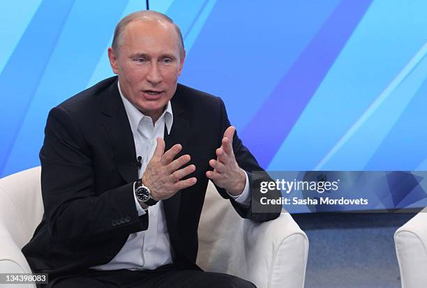 Russian Prime Minister Vladimir Putin speaks during a meeting attended with President Dmitry Medvedev on December 1, 2011 in Moscow, Russia. The...