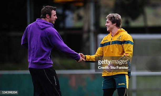 Australia player James O' Connor meets up with Ospreys and Ireland winger Tommy Bowe as the Wallabies warm up for saturdays test match against Wales...