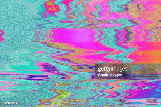 abstract golden distorted waves on multi colored glitch lines background. teal magenta gold metallic texture. - teal marble stock pictures, royalty-free photos & images