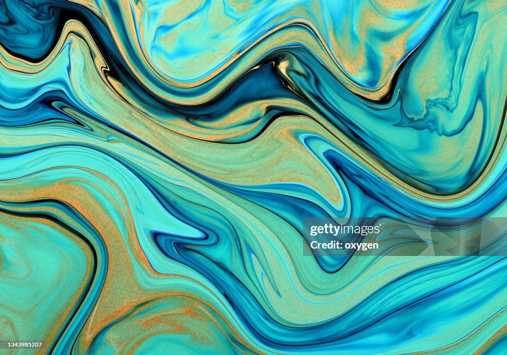 Abstract Golden Waves on Teal Blue Marbled Distorted Lines Background. Aqua Gold Metallic Texture.