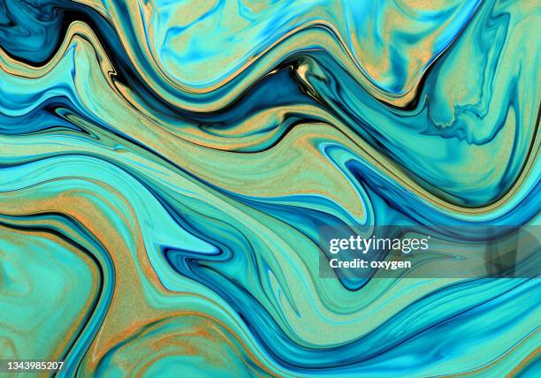 abstract golden waves on teal blue marbled distorted lines background. aqua gold metallic texture. - melting gold stock pictures, royalty-free photos & images