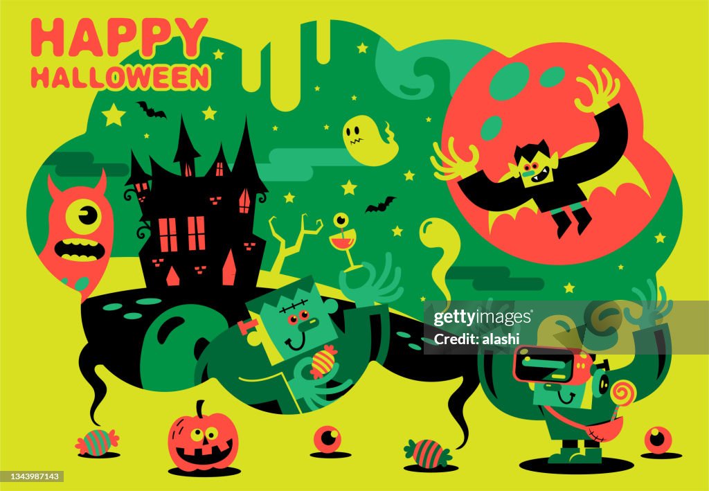 Frankenstein wearing a VR headset experiencing the virtual reality of Cheers Halloween Party (Mystery Castle On The Hill) and Trick or Treat with the vampire and ghost.