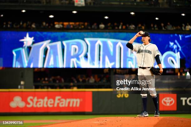 Logan Gilbert of the Seattle Mariners stands on the mound during the first inning against the Oakland Athletics at T-Mobile Park on September 29,...