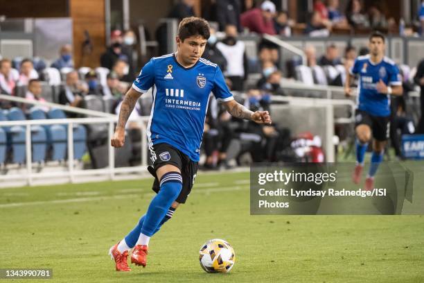 Javier Eduardo Lopez of the San Jose Earthquakes dribbles the ball during a game between San Jose Earthquakes and Real Salt Lake at PayPal Park on...