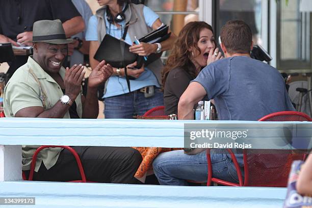 Michael Clarke Duncan, Saffron Burrows and Geoff Stults filming on location for 'The Finder' pilot on February 24, 2011 in Miami, Florida.