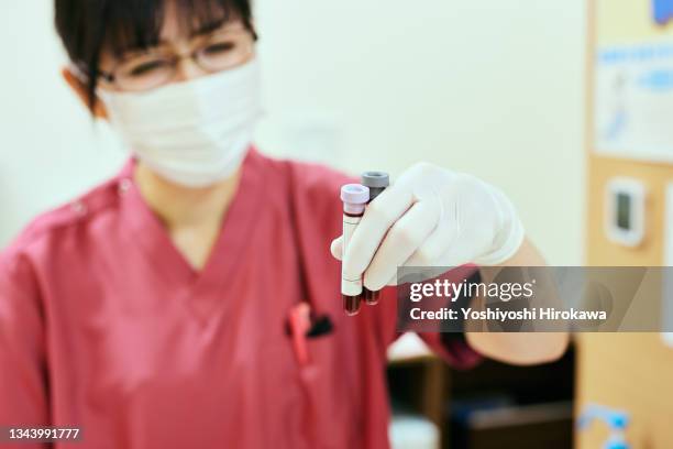 female nurse collects blood from patient for testing at hospital - red blood cell stock pictures, royalty-free photos & images