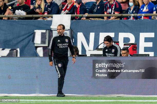 Orlando City SC head coach Oscar Pareja during a game between Orlando City SC and New England Revolution at Gillette Stadium on September 25, 2021 in...