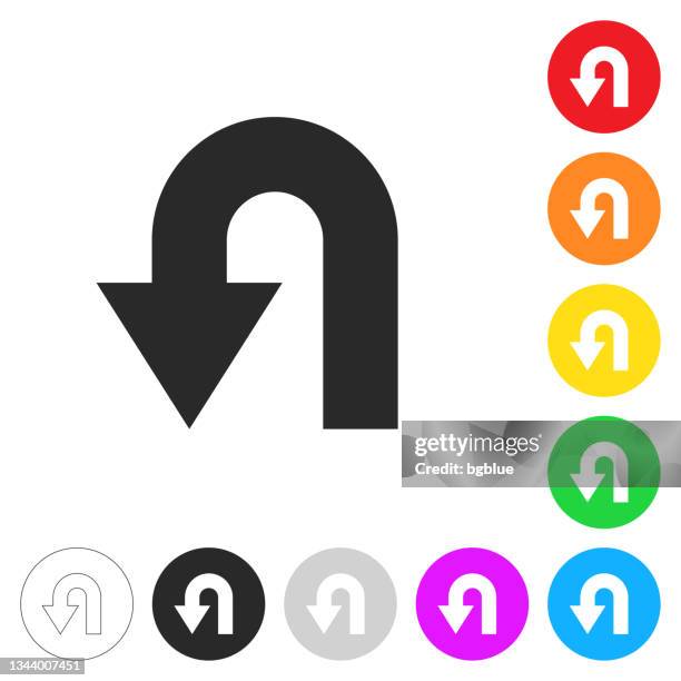 kehrtwende richtungspfeil. flache symbole auf schaltflächen in verschiedenen farben - umdrehen stock-grafiken, -clipart, -cartoons und -symbole