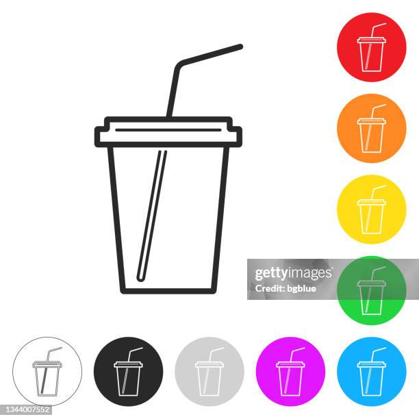 cup with straw. flat icons on buttons in different colors - coffee take away cup simple stock illustrations