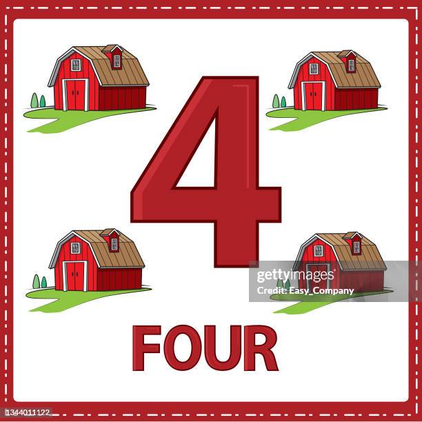 illustrations for numerical education for young children. for the children learned to count the numbers 4 with 4 house farm as shown in the picture in the farm category - barn stock illustrations