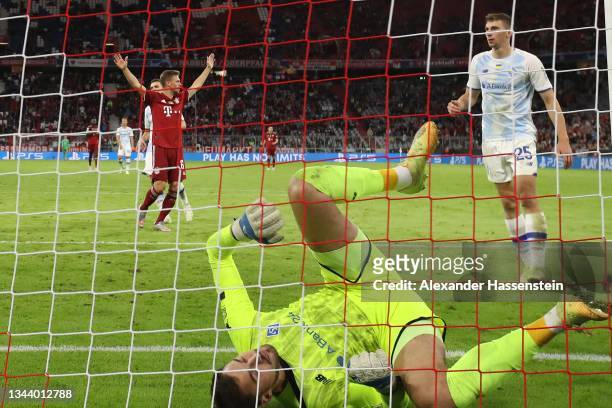Georgiy Bushchan, keeper of Kiev reacts after receiving the 4th goal during the UEFA Champions League group E match between FC Bayern München and...