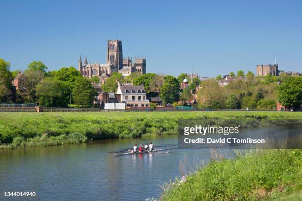 view across the river wear to durham cathedral and durham castle, rowers heading upstream, durham, county durham, england, uk - durham university england stock pictures, royalty-free photos & images