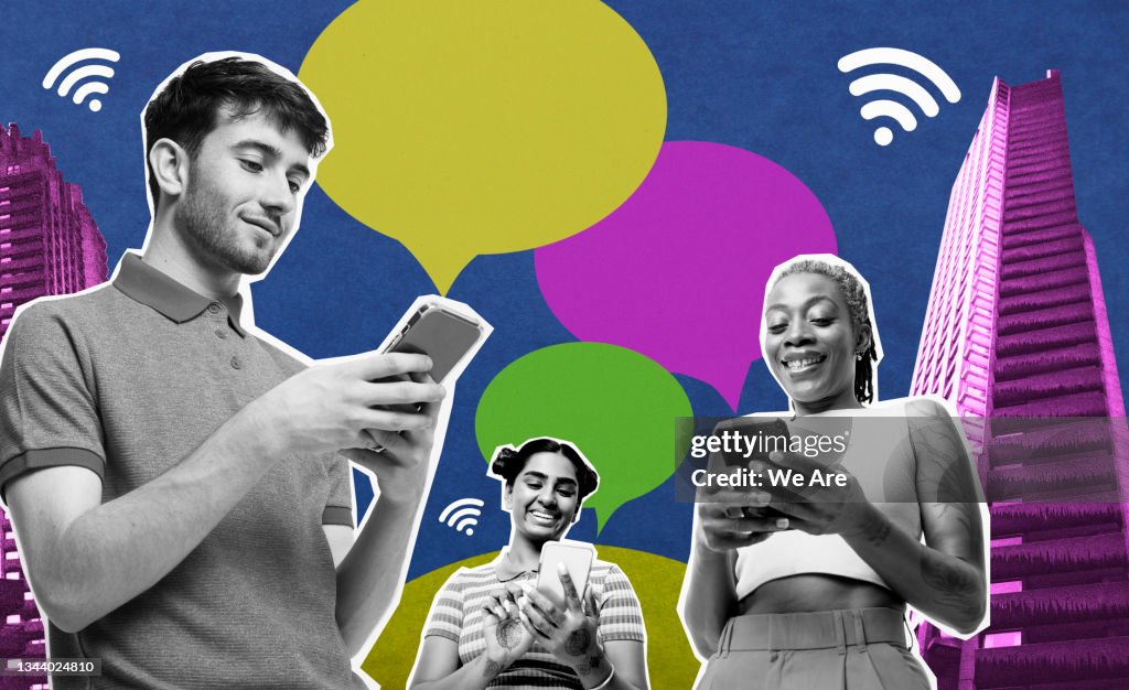 Collage of group of people using smart phones in city