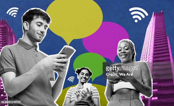 collage of group of  people using smart phones in city - medium group of people stockfoto's en -beelden