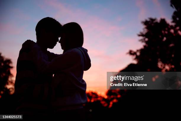 teenage couple in silhouette against a pink and orange sky at sunset on a summer evening in a non-urban scene. - casal adolescente imagens e fotografias de stock