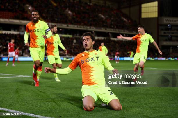 Brennan Johnson of Nottingham Forest celebrates after scoring their side's second goal during the Sky Bet Championship match between Barnsley and...