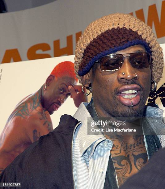 Dennis Rodman during Olympus Fashion Week Fall 2005 - Dennis Rodman in "Ink Not Mink" PETA Campaign at Bryant Park in New York City, New York, United...