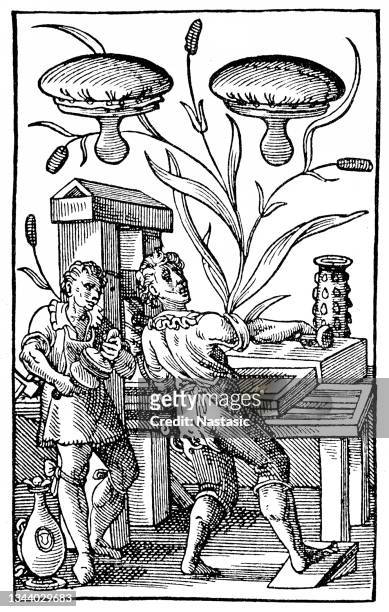 presentation of a printing press in jost ammann's book of playing cards. frankfurt 1588 - printing press logo stock illustrations