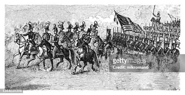 old engraved illustration of soldiers during the american revolutionary war - american revolution soldier fotografías e imágenes de stock