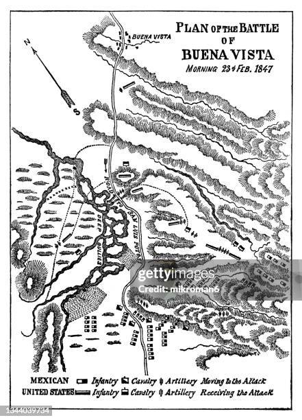 engraved illustration, plan of the battle of buena vista (morning 23.02.1847) - soldier mapping stock pictures, royalty-free photos & images