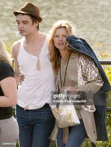 Kate Moss and Pete Doherty during 2005 Isle Of Wight Festival - Day 2 - Backstage at Seaclose Park in Newport, Great Britain.