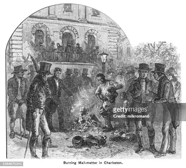 old engraved illustration showing mob breaking in into a post office and burn abolitionist pamphlets in charleston, south carolina - abolitionism anti slavery movement stock pictures, royalty-free photos & images