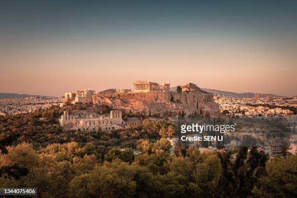 overlooking the acropolis at sunset - athens greece ストックフォトと画像