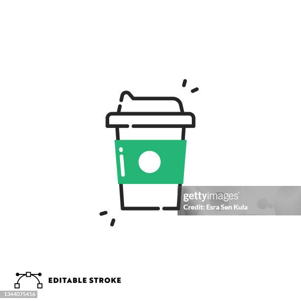 illustrazioni stock, clip art, cartoni animati e icone di tendenza di take away coffee cup flat line icona con tratto modificabile - tazza