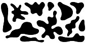 Irregular amorphous blob shapes, liquid amoeba asymmetric forms. Black ink puddle splash, fluid stain isolated on white background. Vector illustration
