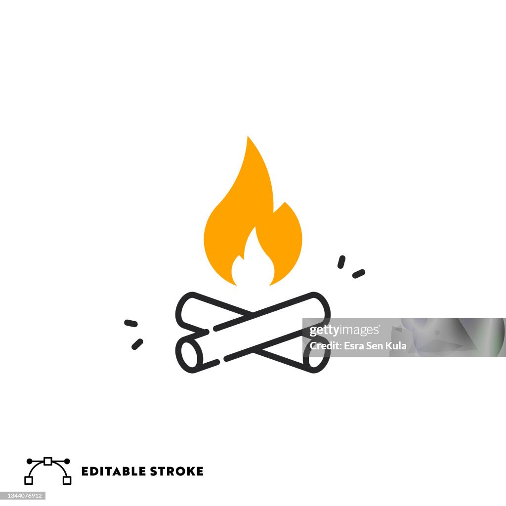 Camp Fire Flat Line Icon with Editable Stroke