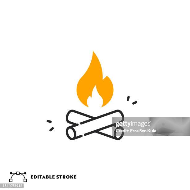 camp fire flat line icon with editable stroke - flame stock illustrations