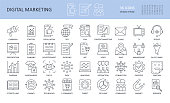 Digital marketing linear icons. Editable stroke. Campaign to promote focus search engine TV e-mail management planning presentation. Social media advertisement strategy typescript service merchandise