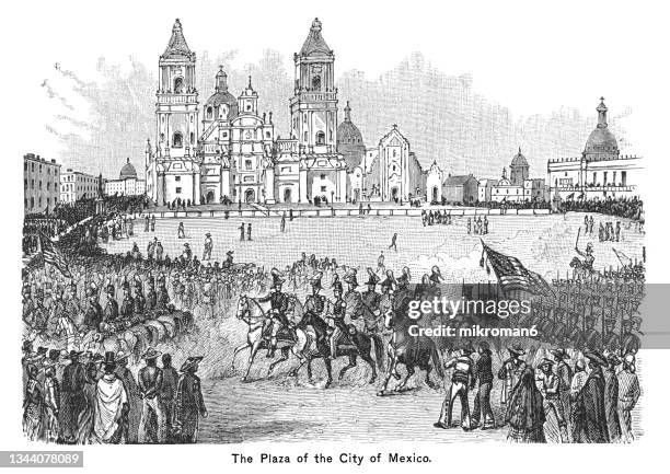 old engraved illustration of mexican american war - entrance of the united states army into the grand plaza at mexico - mexican revolution imagens e fotografias de stock