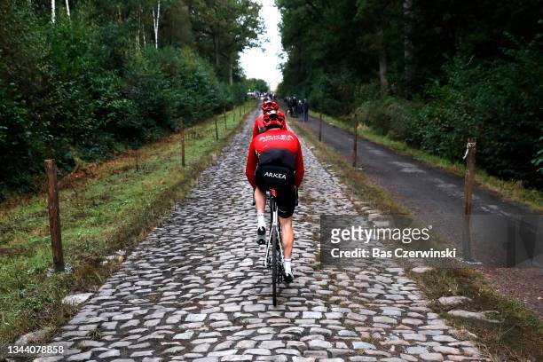Team Arkéa - Samsic rider in a cobblestones sector during the 118th Paris - Roubaix 2021 - Training Day 1 / #ParisRoubaix / on September 30, 2021 in...