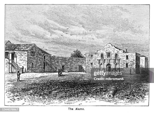 old engraved illustration of alamo, mexican war of independence - texas independence stock pictures, royalty-free photos & images