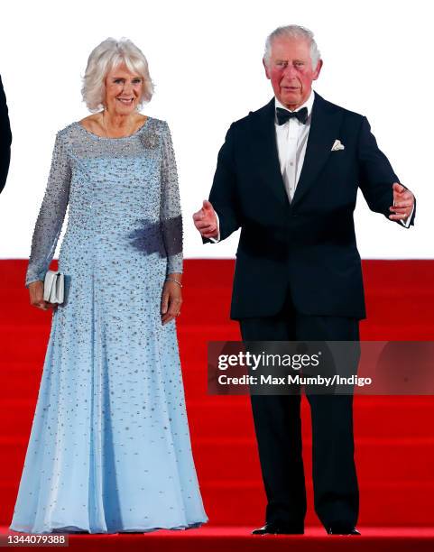 Camilla, Duchess of Cornwall and Prince Charles, Prince of Wales attend the "No Time To Die" World Premiere at the Royal Albert Hall on September 28,...