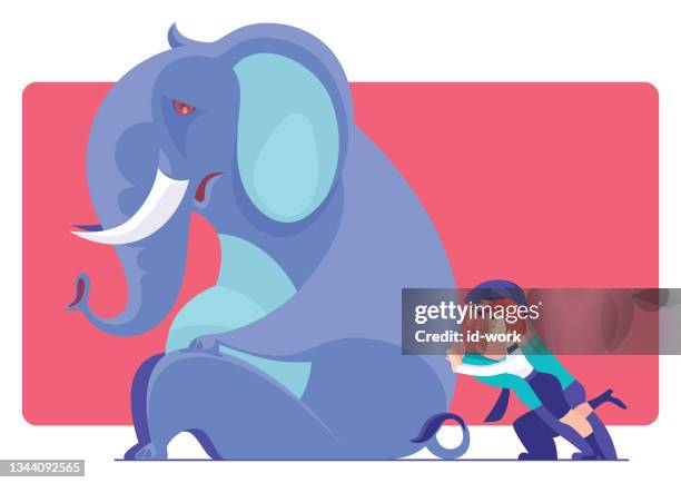 geschäftspaar schiebt elefanten - elephant stock-grafiken, -clipart, -cartoons und -symbole