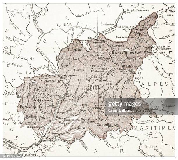 stockillustraties, clipart, cartoons en iconen met antique french map of basses-alpes (département) - alpes de haute provence