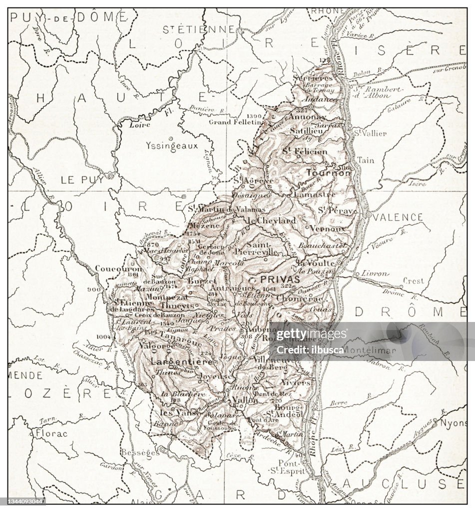 Antique French map of Ardèche (département)