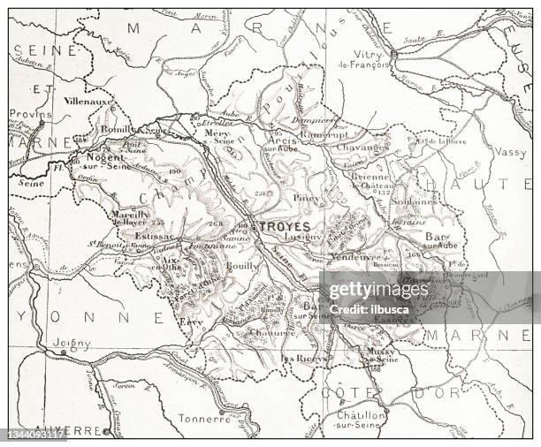 stockillustraties, clipart, cartoons en iconen met antique french map of aube (département) - troyes champagne ardenne