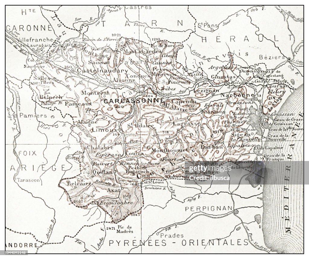Antique French map of Aude (département)