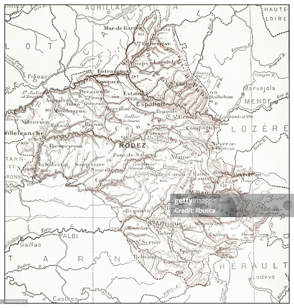 Antique French map of Aveyron (département)