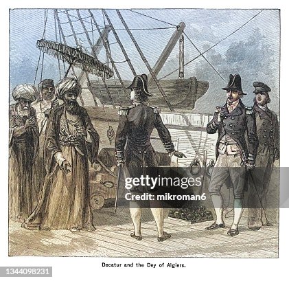 Old engraved illustration of First Barbary War 1801-1805. Stephen Decatur before the Dey Bey of Algiers