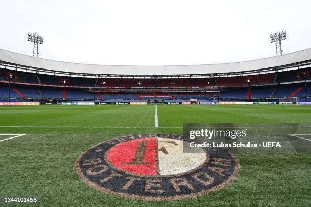 Detailed view of the Feyenoord club badge on the pitch is seen prior to the UEFA Europa Conference League group E match between Feyenoord and Slavia...