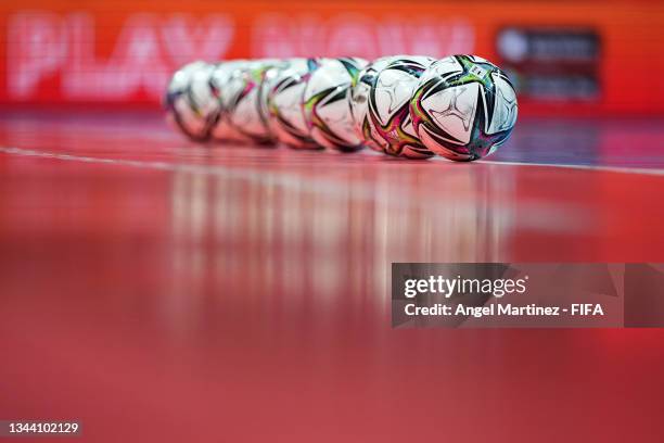 Adidas Conext 21 futsal balls are pictured on the pitch prior to the FIFA Futsal World Cup 2021 Semi-Final match between Portugal and Kazakhstan at...