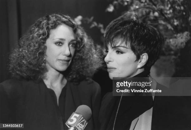 American actress and fashion model Marisa Berenson with American actress and singer Liza Minnelli interviewed during a tribute at the Lincoln...