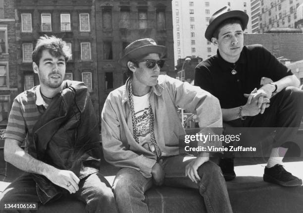 American hip hop band Beastie Boys on the roof of B Smith's restaurant at 47th Street and 8th Avenue in New York City, New York, 11th May 1987. The...