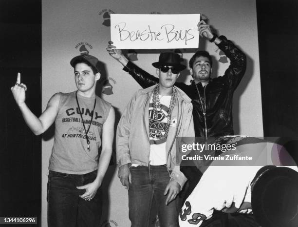 American hip hop band Beastie Boys backstage at the 29th Annual Grammy Awards, held at the Shrine Auditorium in Los Angeles, California, 24th...