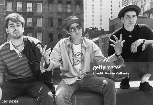 American hip hop band Beastie Boys on the roof of B Smith's restaurant at 47th Street and 8th Avenue in New York City, New York, 11th May 1987. The...